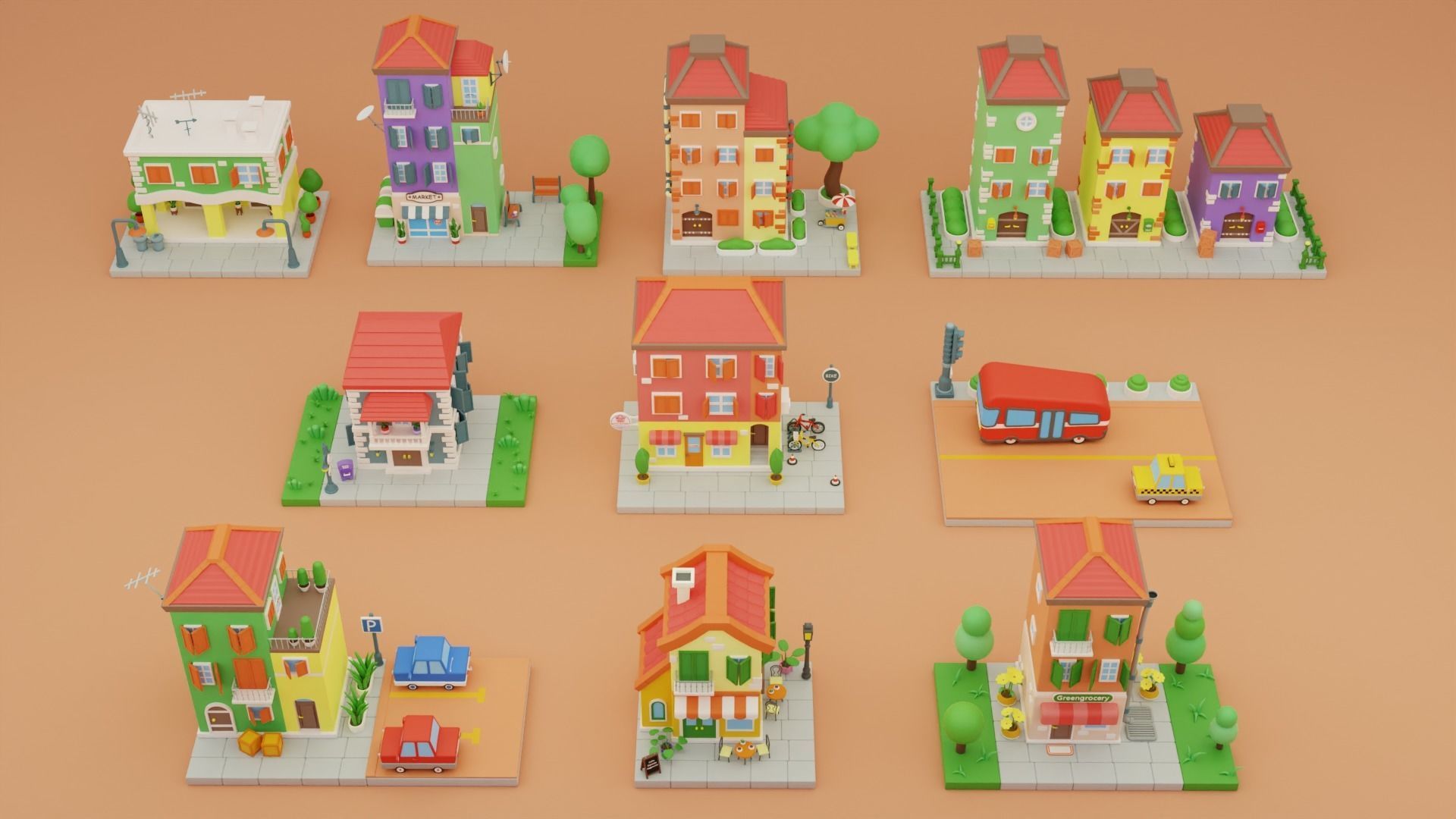 Cartoon City Islands Exteriors Low-poly 3D model_2