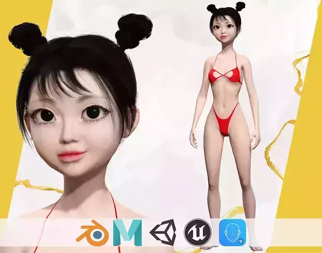 Asian girl Woman  japanese korean Chinese  Low-poly 3D model
