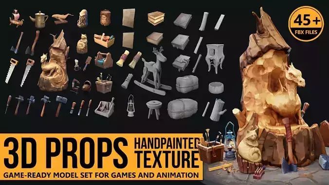 3D PROPS Hand-painted Textured Game-Ready Set  Low-poly 3D model