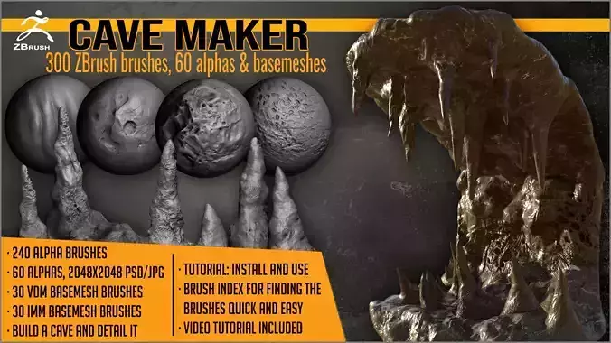 Cave Maker 300 ZBrush brushes 60 Alphas and basemeshes Texture
