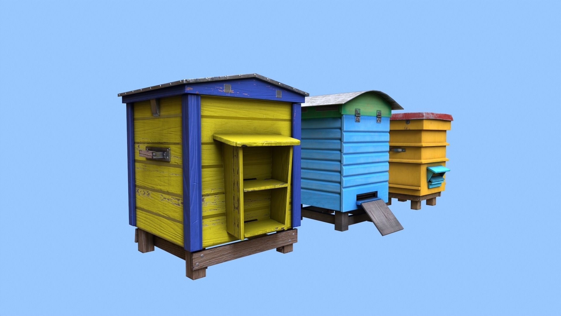 Colorful Beehives Low-poly 3D model_3
