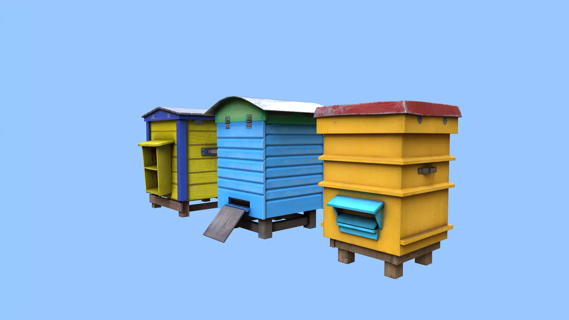 Colorful Beehives Low-poly 3D model_0