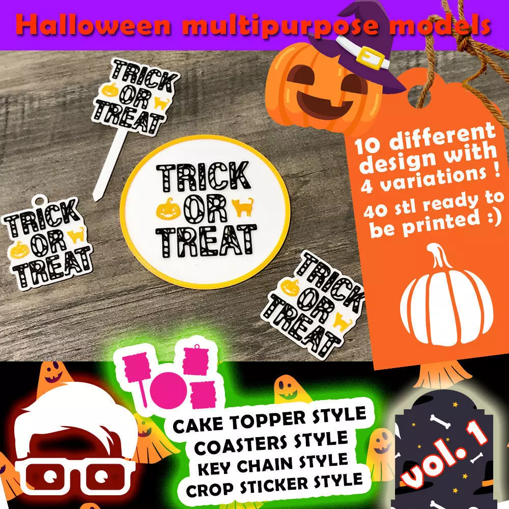 HALLOWEEN THEMED MULTIPURPOSE MODELS VOL 1 KEYCHAIN STICKER 3D print model