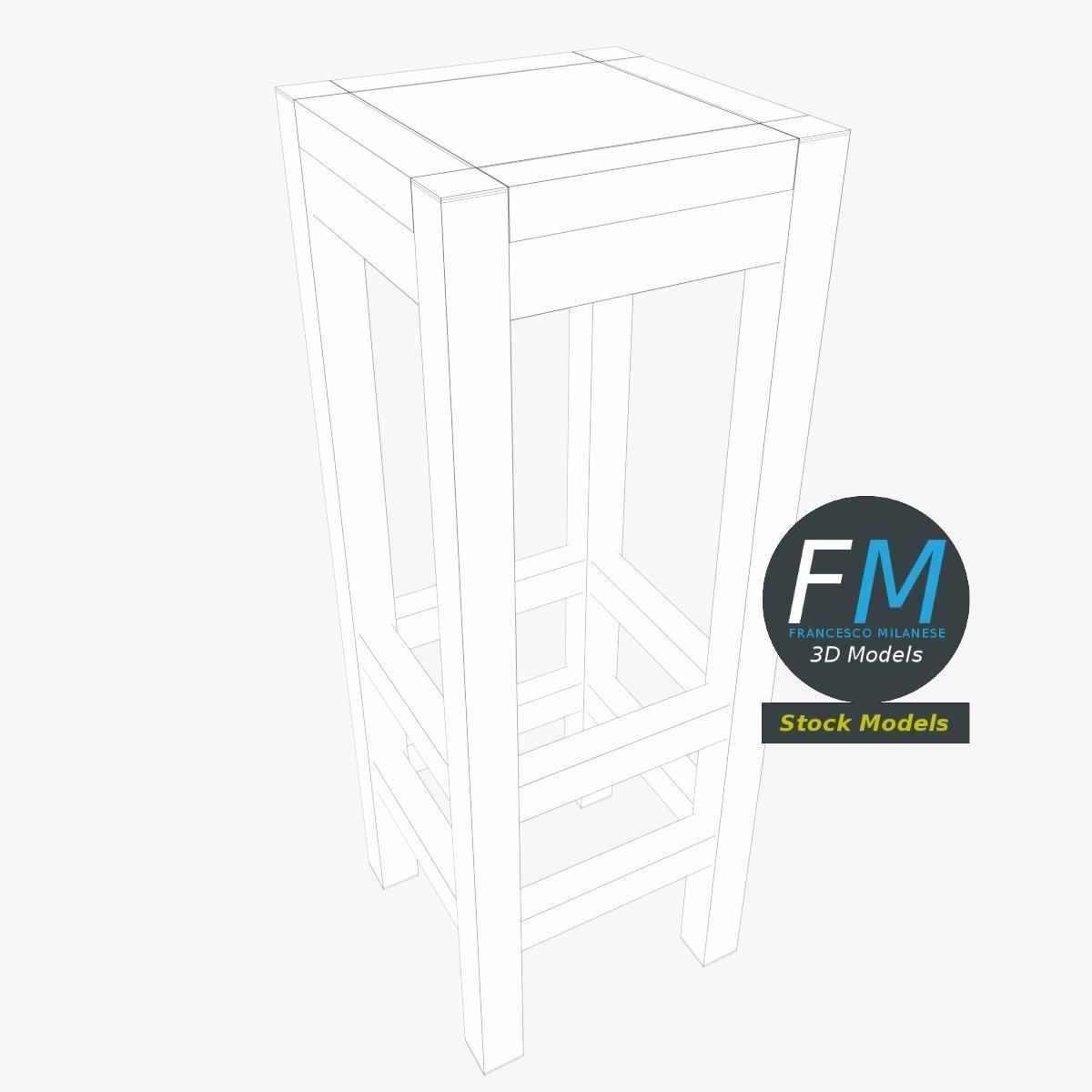 Wooden high stool 3D model_7