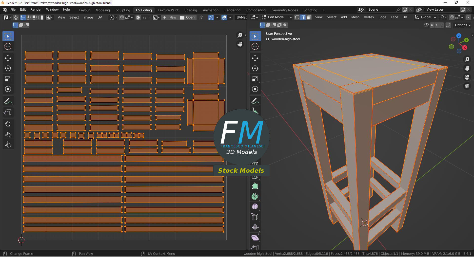 Wooden high stool 3D model_10