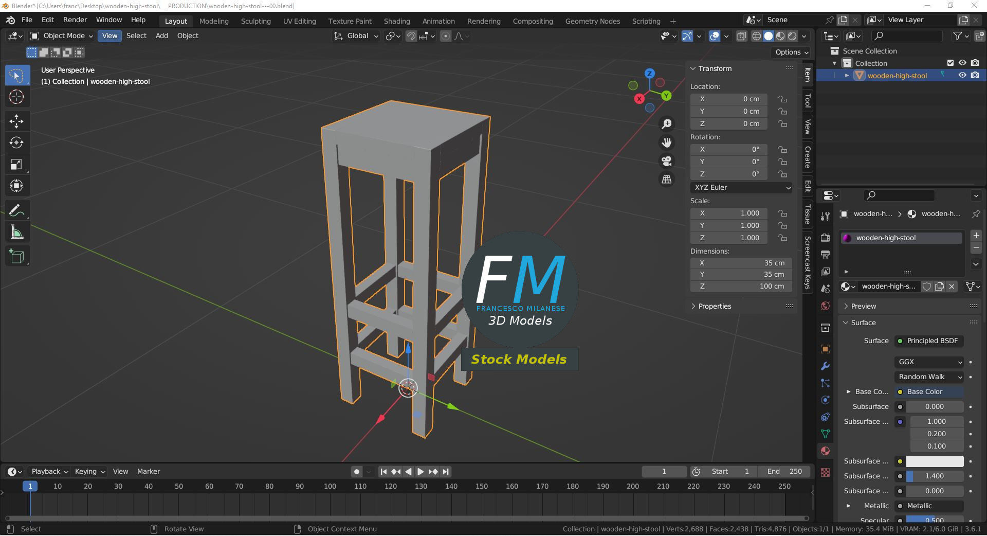 Wooden high stool 3D model_9