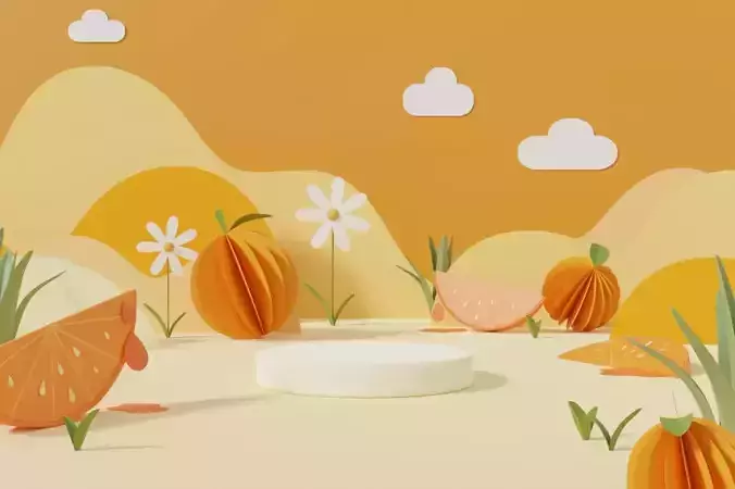 Orange  summer pedestal display for product brand presentation