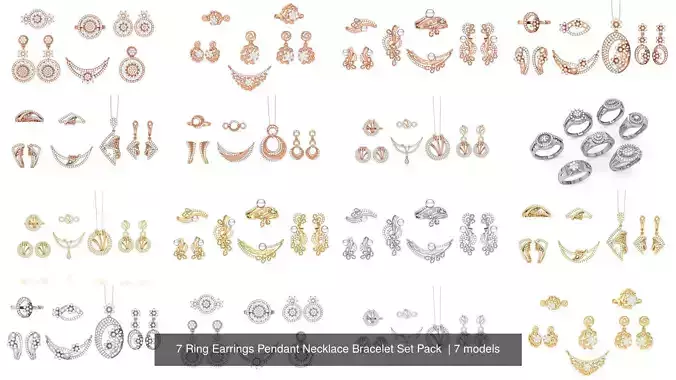 7 Ring Earrings Pendant Necklace Bracelet Set Pack 