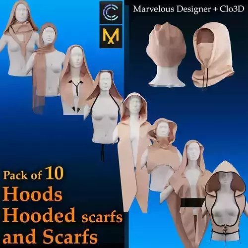 Pack of 10 Hoods and Hooded scarfs and scarfs 3D model