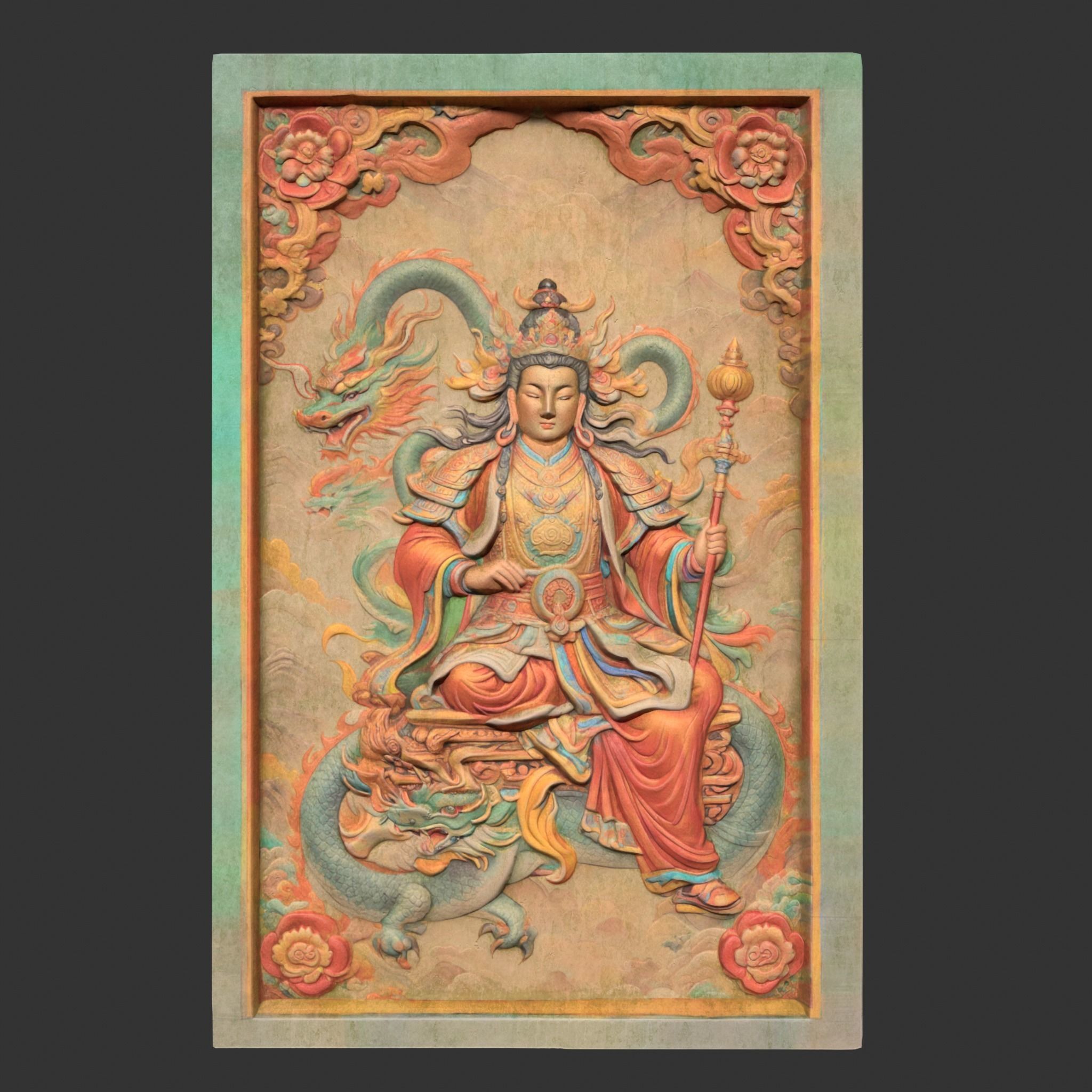 Chinese Temple Walls - Mural Bas relief Colored - 230912 Low-poly 3D model_6