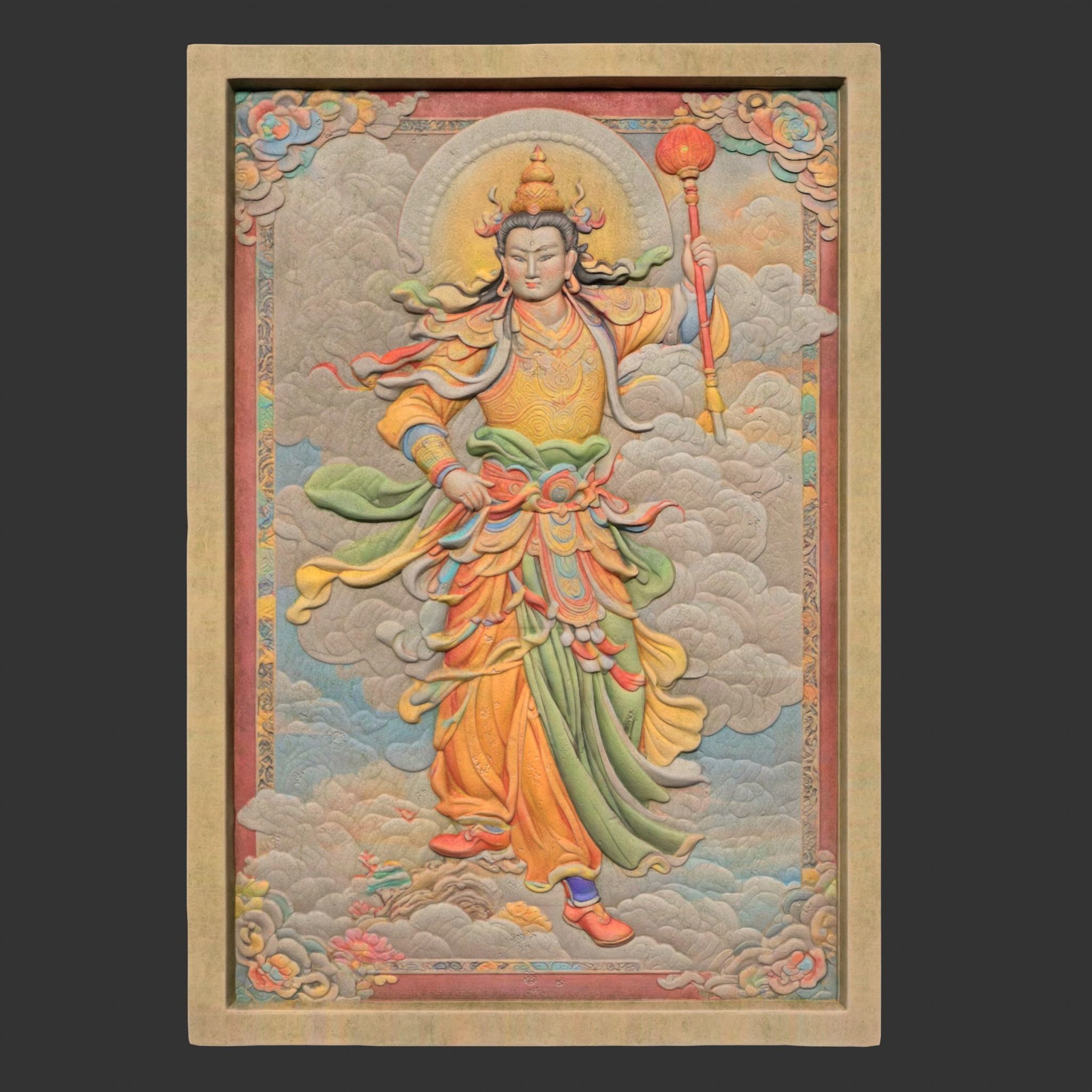 Chinese Temple Walls - Mural Bas relief Colored - 230912 Low-poly 3D model_10