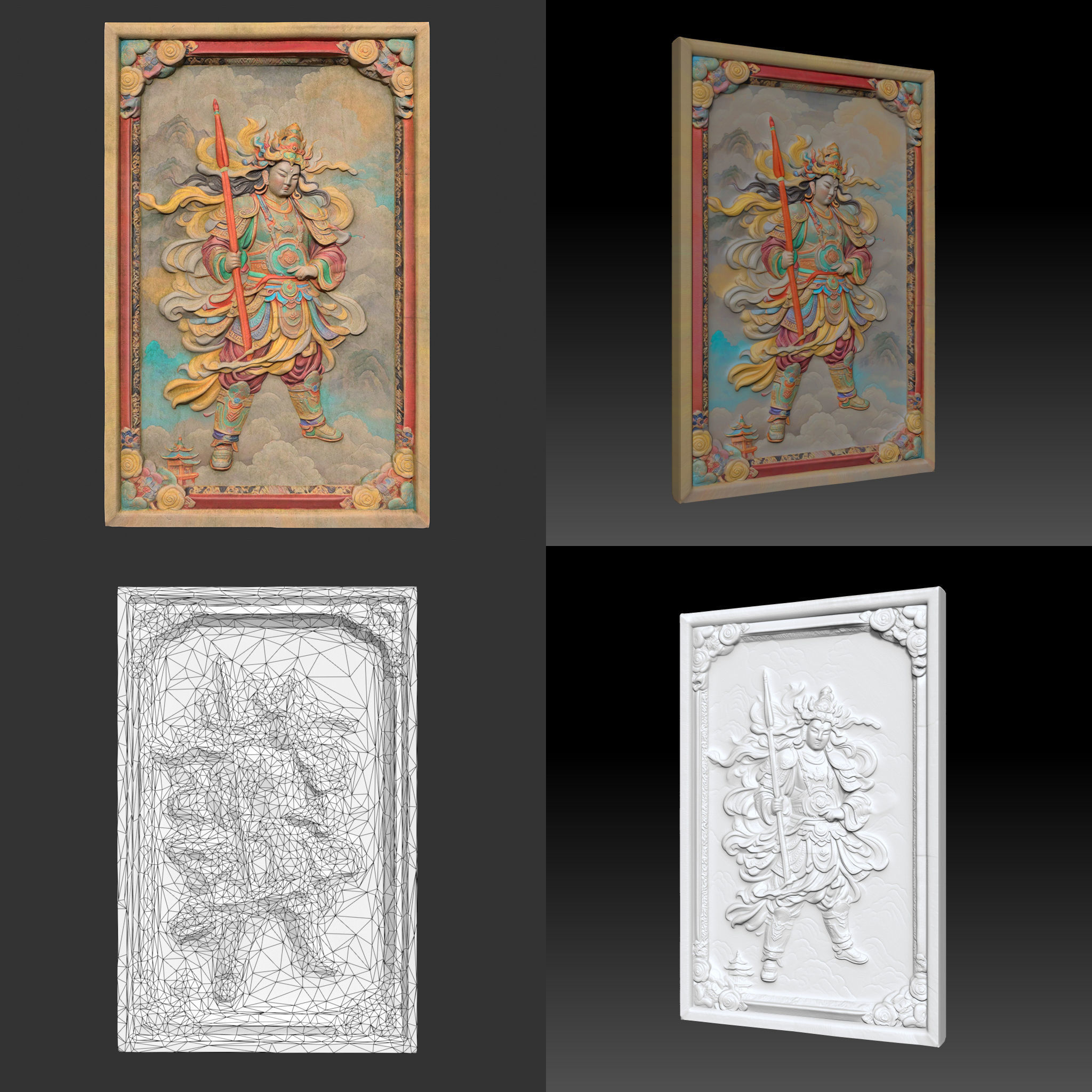 Chinese Temple Walls - Mural Bas relief Colored - 230912 Low-poly 3D model_3