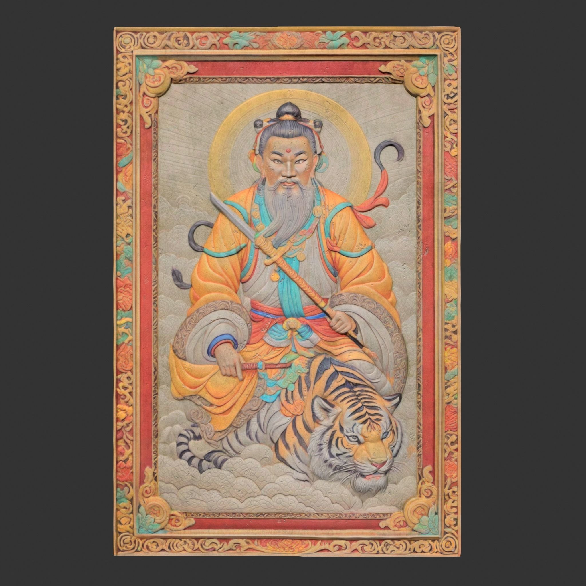 Chinese Temple Walls - Mural Bas relief Colored - 230912 Low-poly 3D model_4