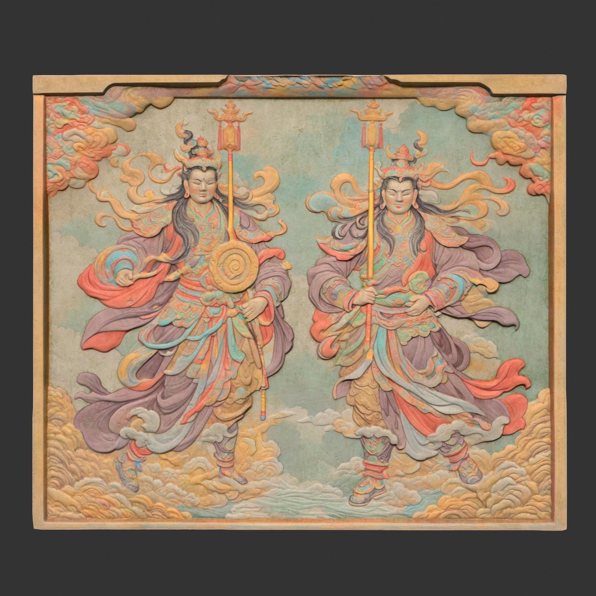 Chinese Temple Walls - Mural Bas relief Colored - 230912 Low-poly 3D model_14