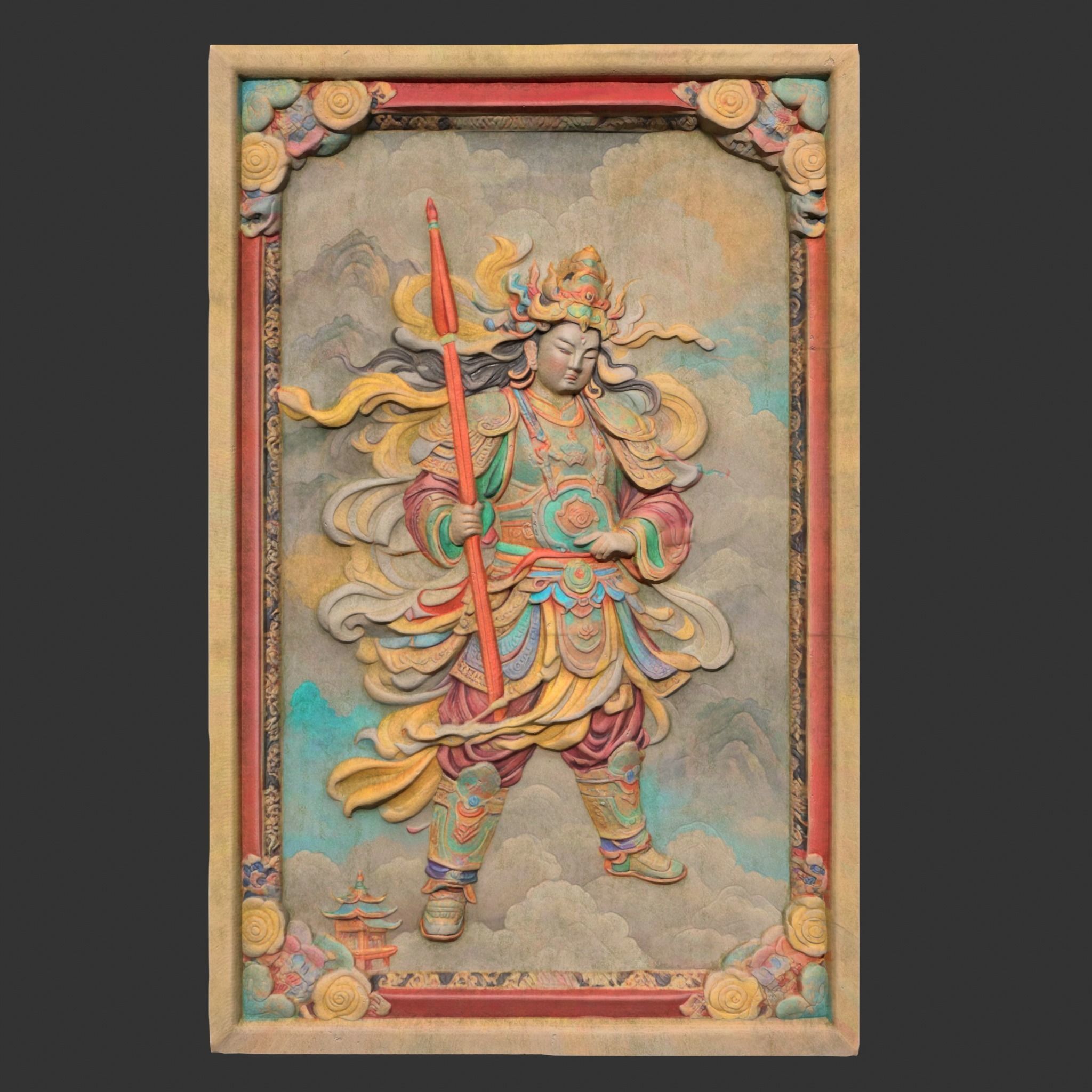 Chinese Temple Walls - Mural Bas relief Colored - 230912 Low-poly 3D model_2
