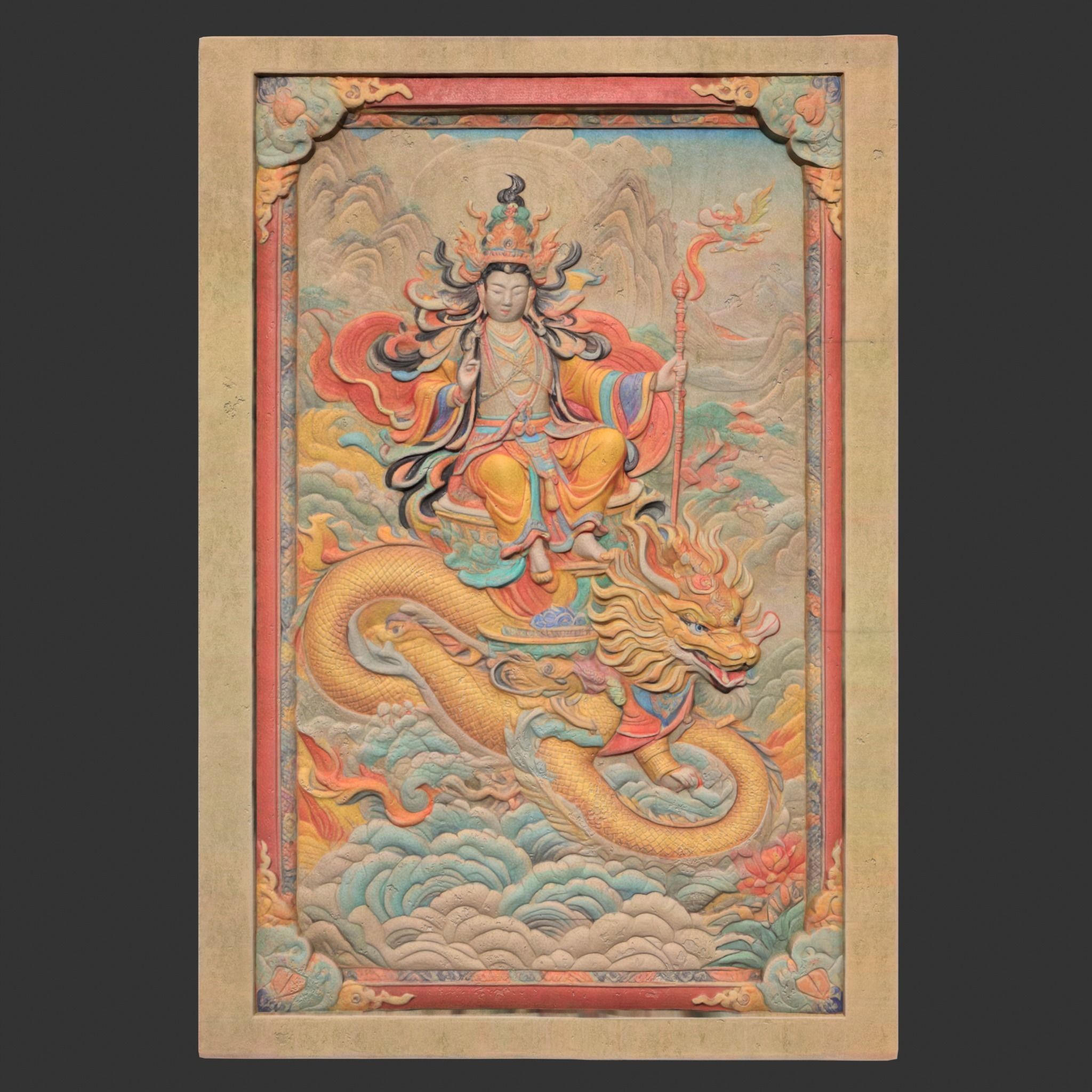 Chinese Temple Walls - Mural Bas relief Colored - 230912 Low-poly 3D model_8