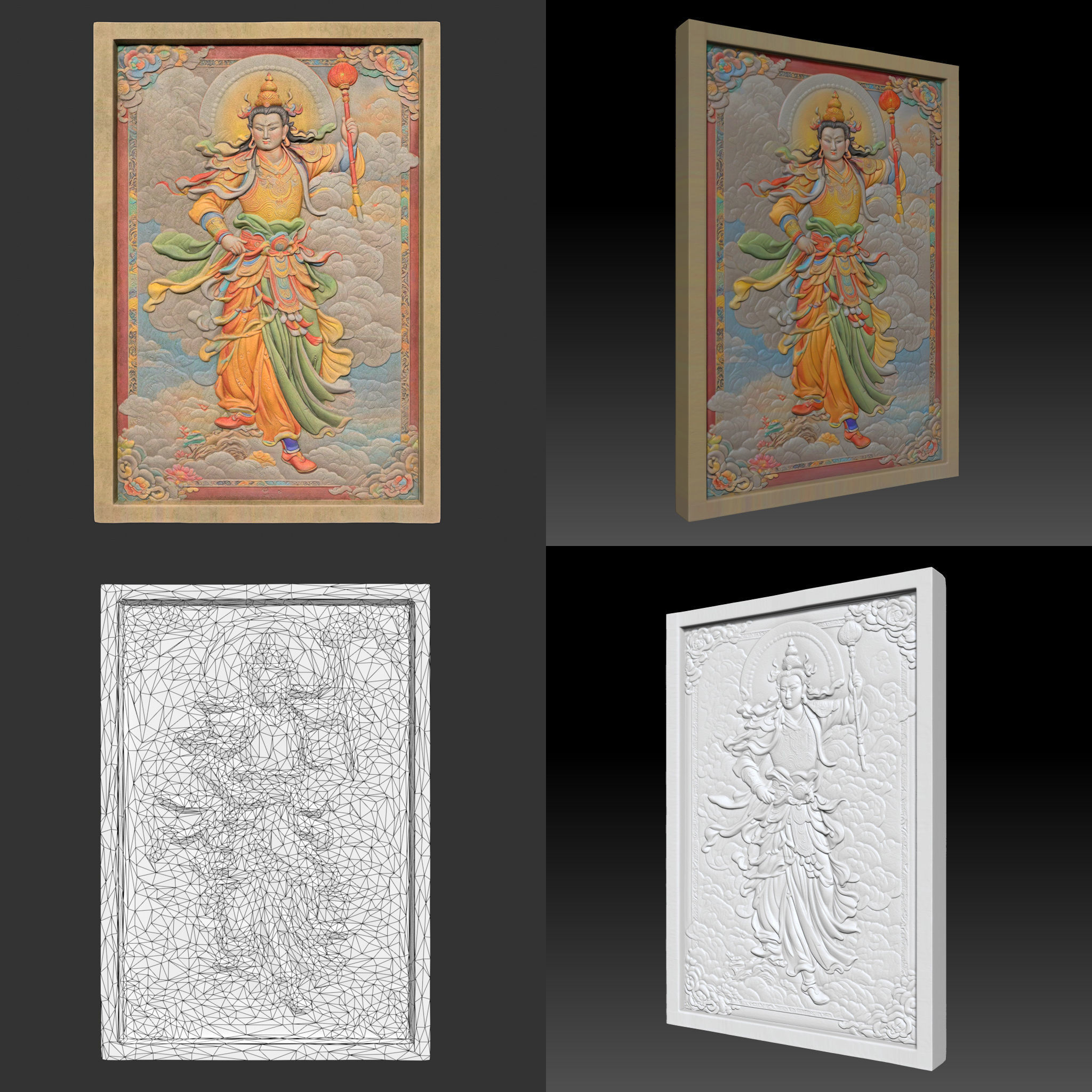 Chinese Temple Walls - Mural Bas relief Colored - 230912 Low-poly 3D model_11