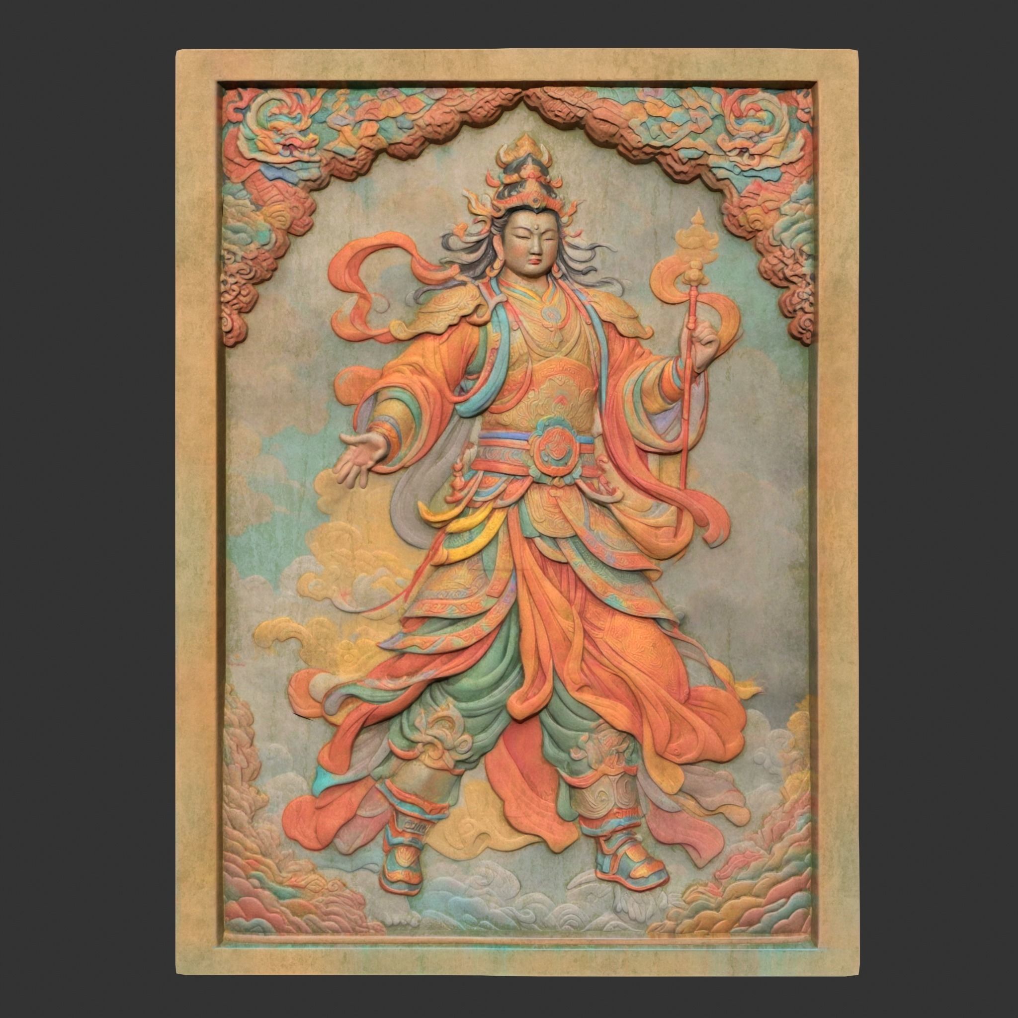 Chinese Temple Walls - Mural Bas relief Colored - 230912 Low-poly 3D model_12