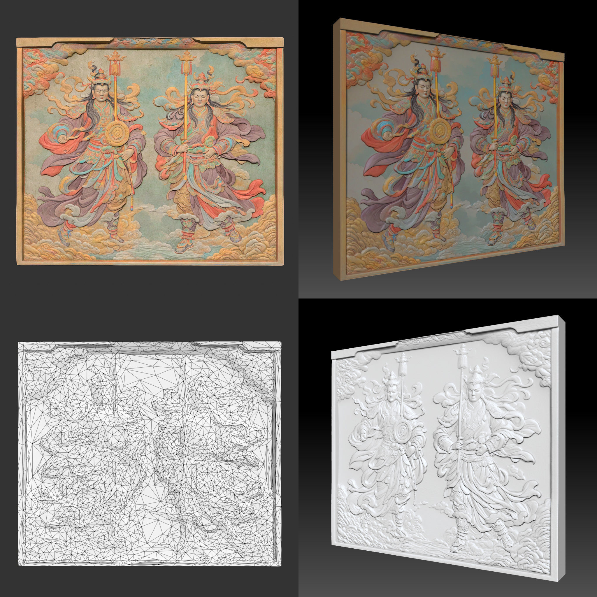 Chinese Temple Walls - Mural Bas relief Colored - 230912 Low-poly 3D model_15