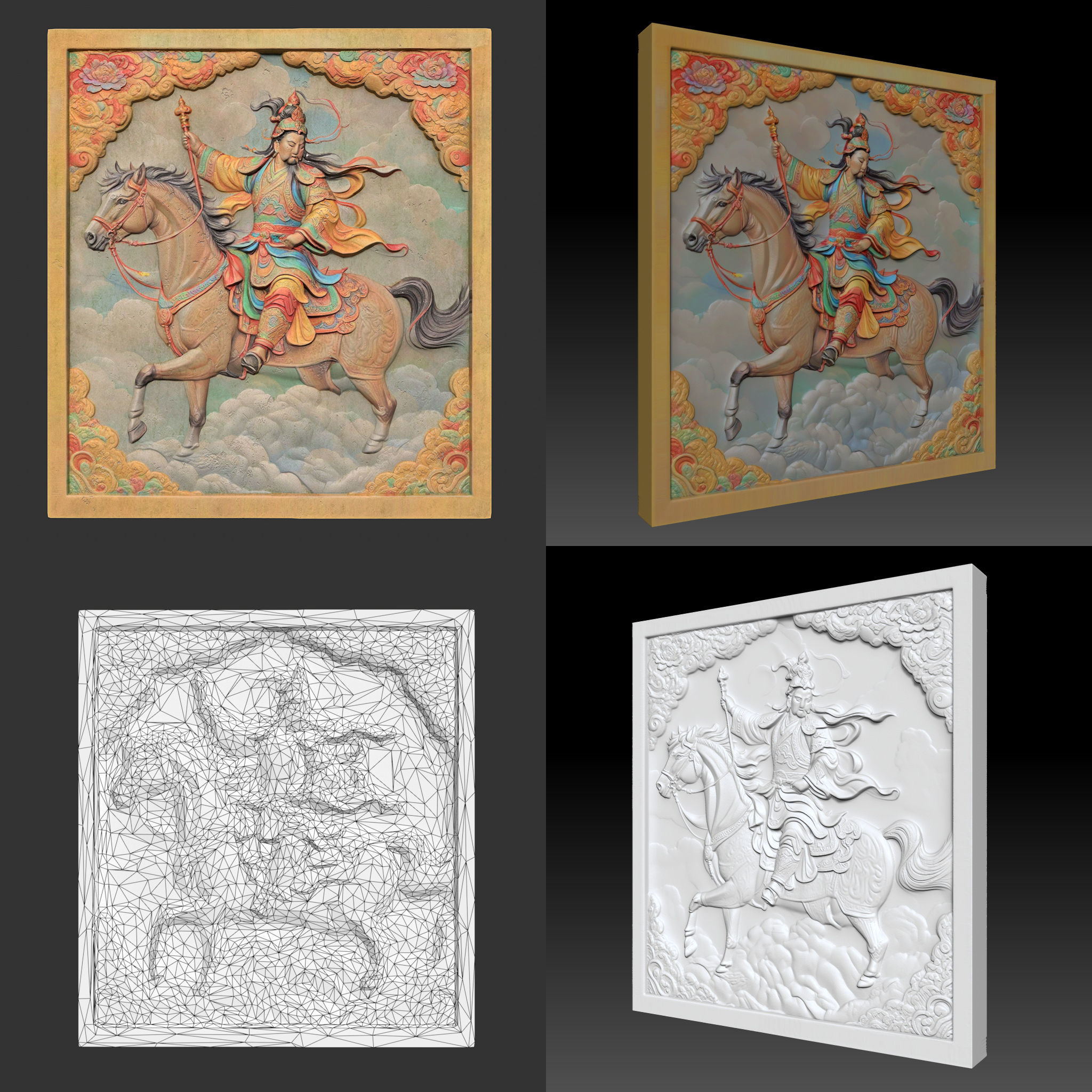 Chinese Temple Walls - Mural Bas relief Colored - 230912 Low-poly 3D model_17