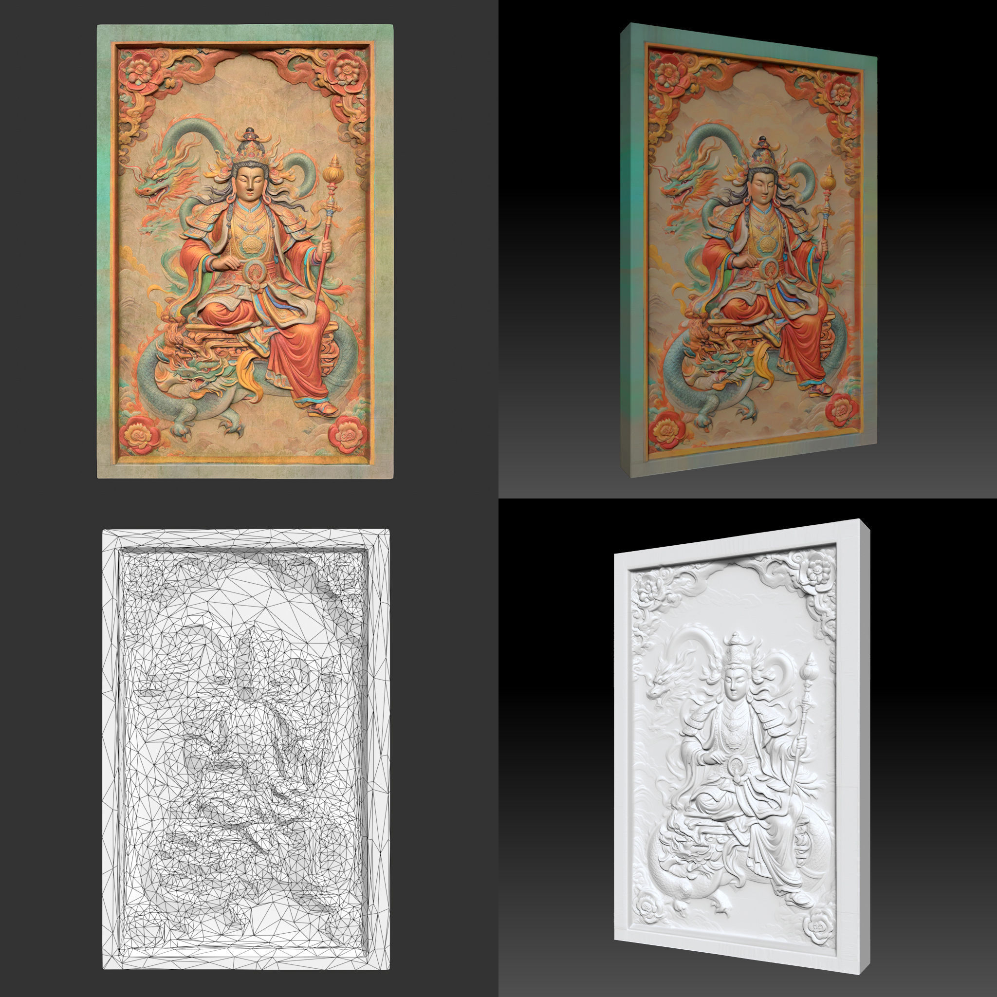 Chinese Temple Walls - Mural Bas relief Colored - 230912 Low-poly 3D model_7