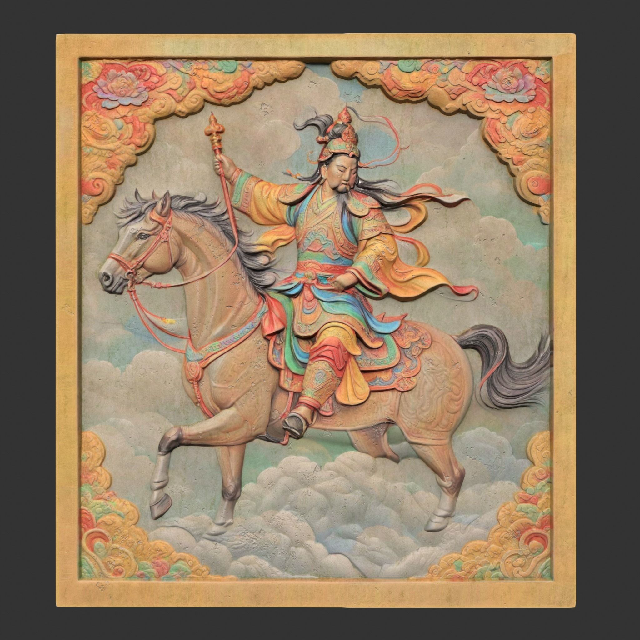 Chinese Temple Walls - Mural Bas relief Colored - 230912 Low-poly 3D model_16