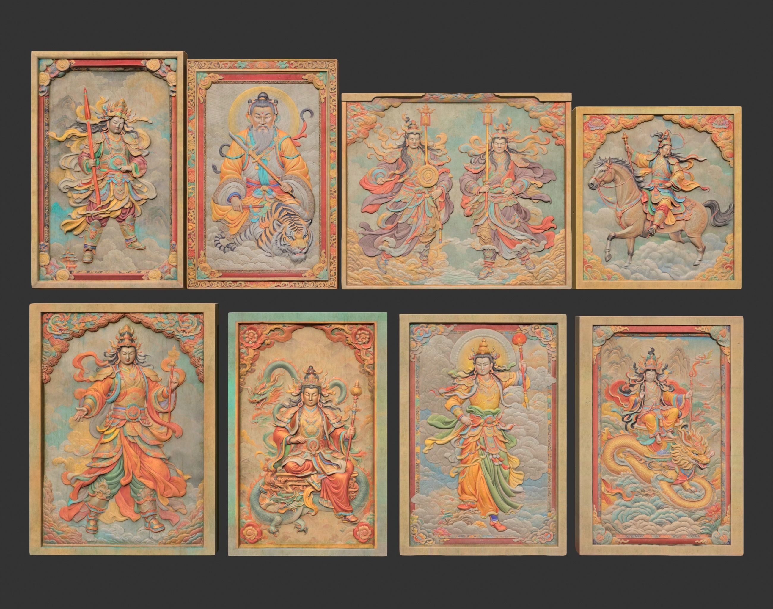 Chinese Temple Walls - Mural Bas relief Colored - 230912 Low-poly 3D model_1