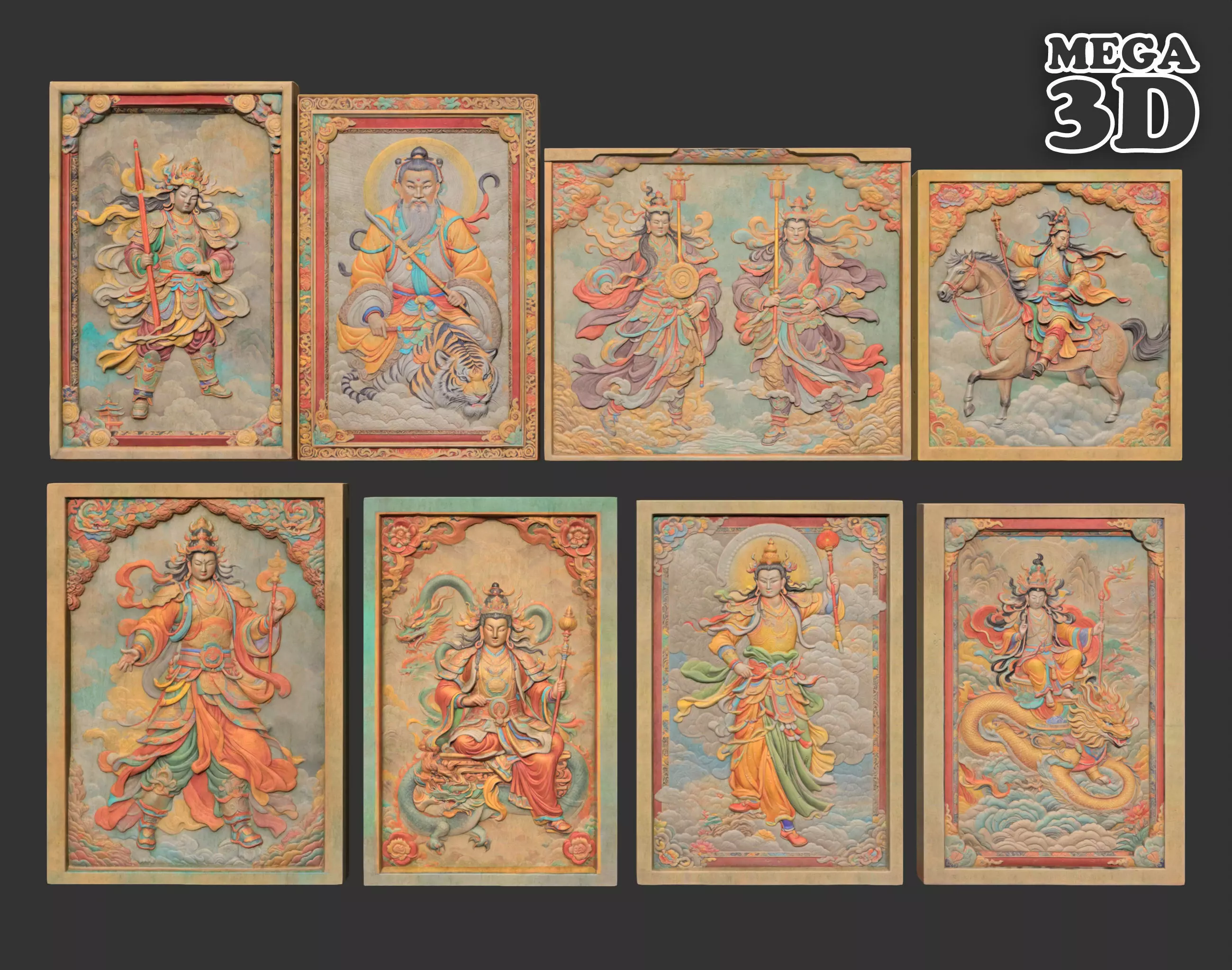 Chinese Temple Walls - Mural Bas relief Colored - 230912 Low-poly 3D model_0