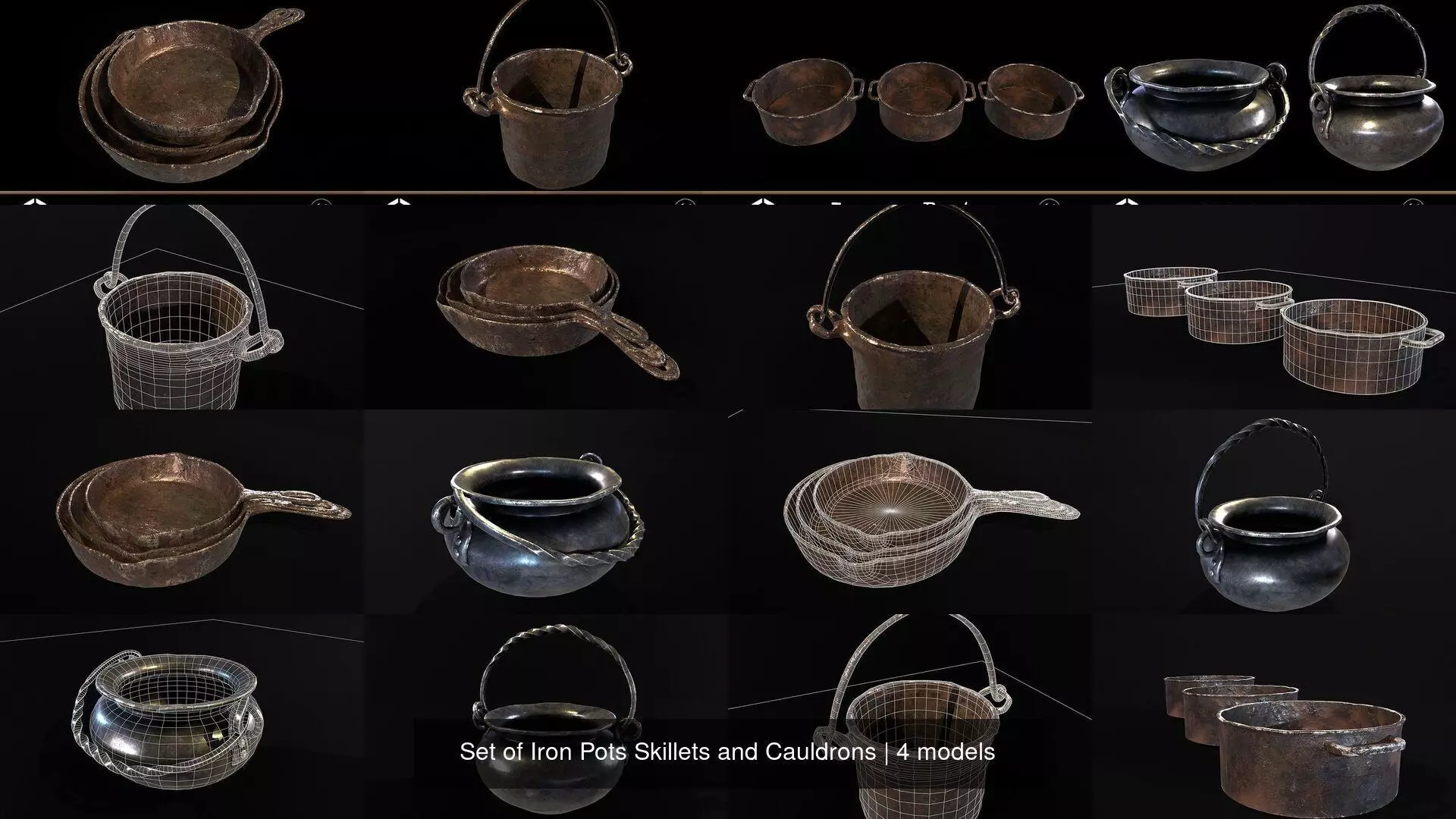 Set of Iron Pots Skillets and Cauldrons 3D Model Collection_5