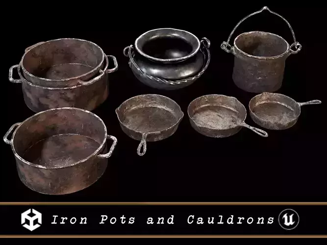 Set of Iron Pots Skillets and Cauldrons 3D Model Collection