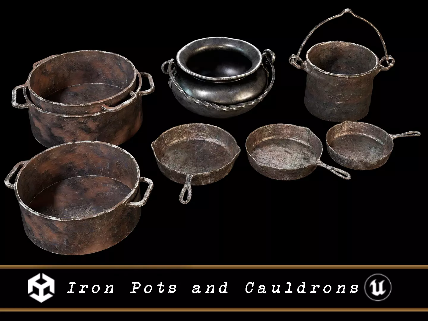 Set of Iron Pots Skillets and Cauldrons 3D Model Collection_0