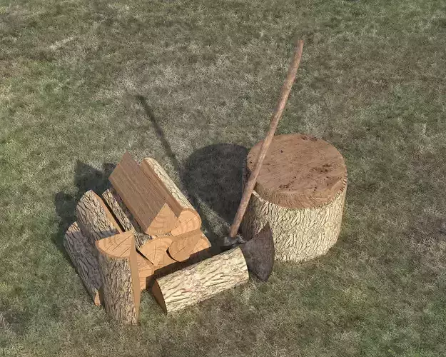 Axe Billet Wooden Log Low-Poly Game Ready Model