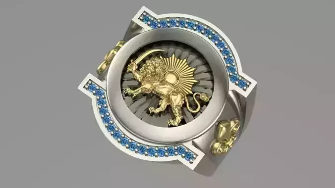 Gold Persian Lion and Sun men ring