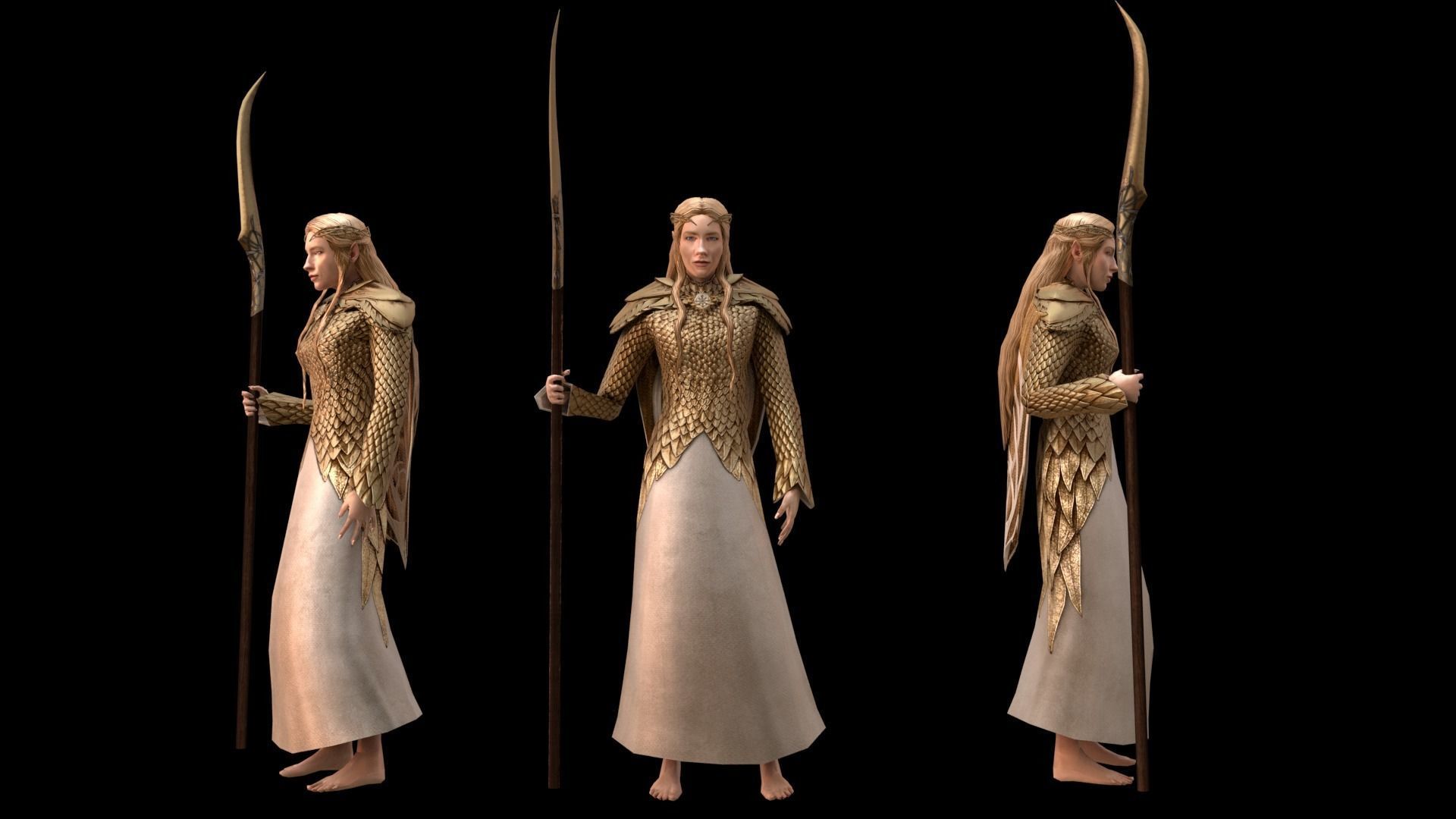 Galadriel in Golden Armour Low-poly 3D model_1