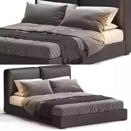 Black Upholstered Mid-Century Modern Bed Low-poly 3D model