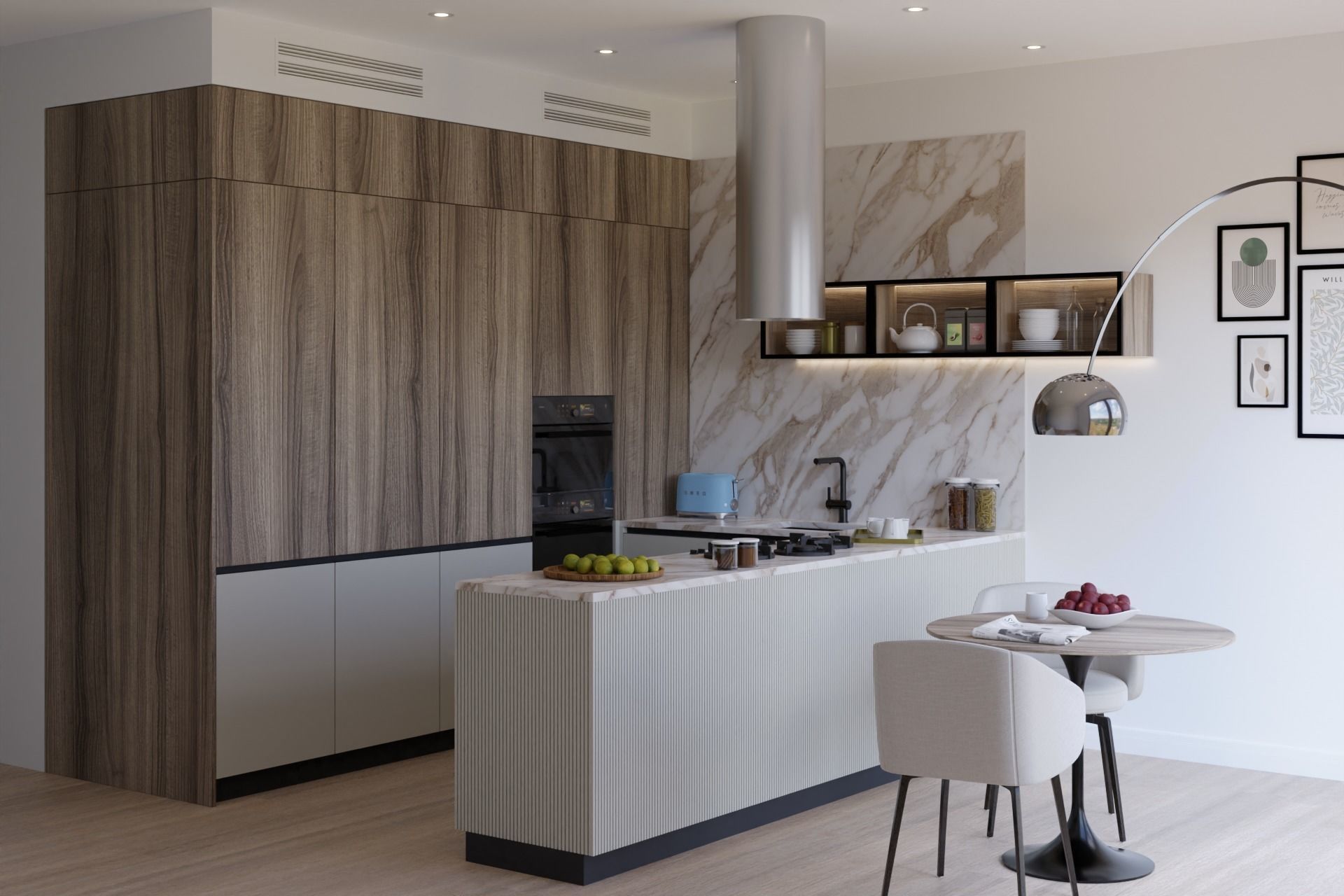 Modern Kitchen U-shape White and Timber 3D model_2