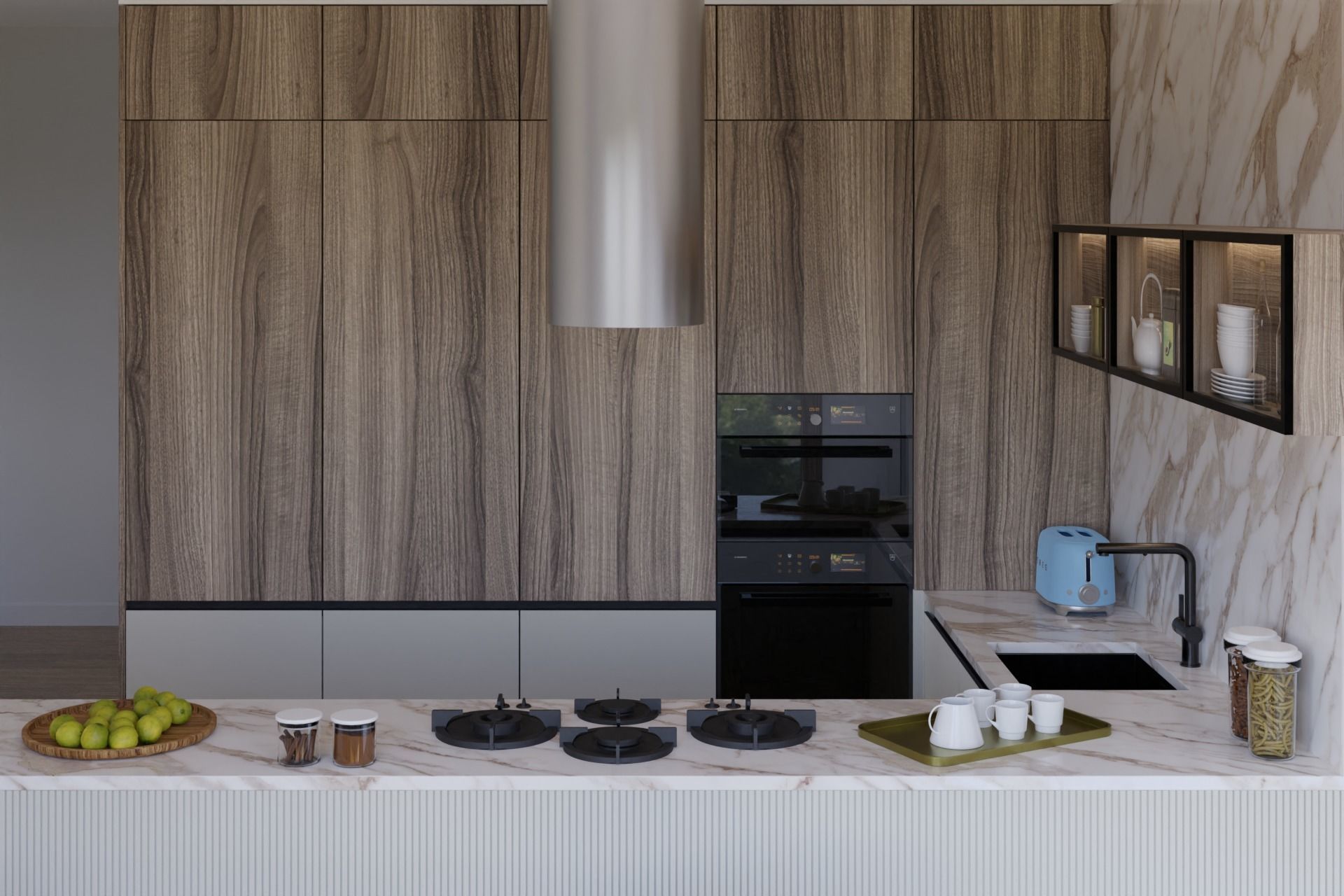 Modern Kitchen U-shape White and Timber 3D model_4