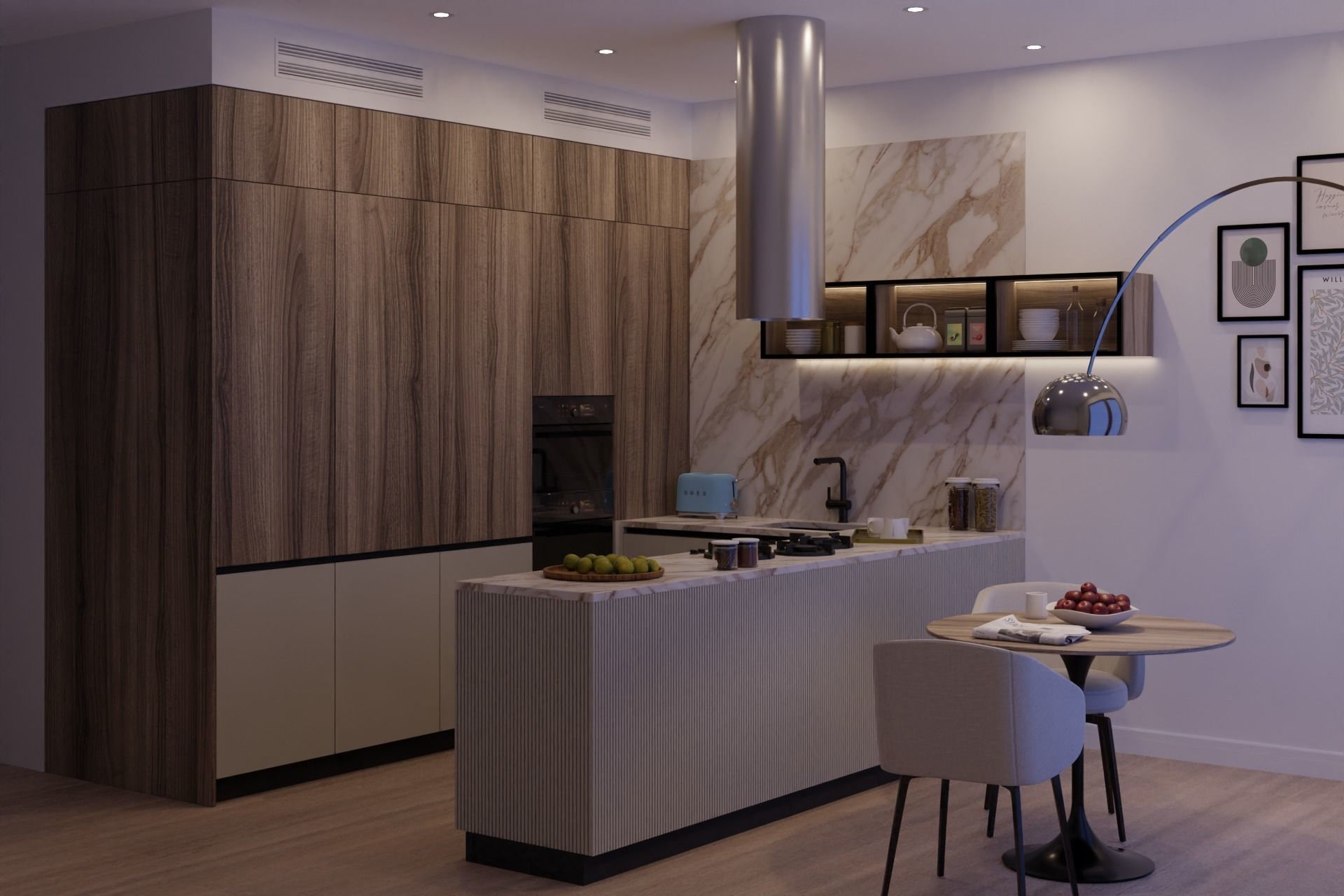 Modern Kitchen U-shape White and Timber 3D model_3