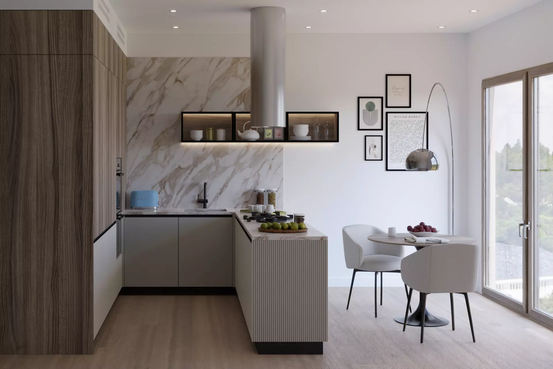 Modern Kitchen U-shape White and Timber 3D model_0