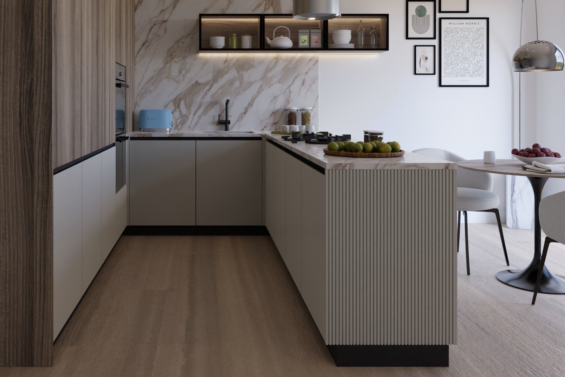 Modern Kitchen U-shape White and Timber 3D model_5