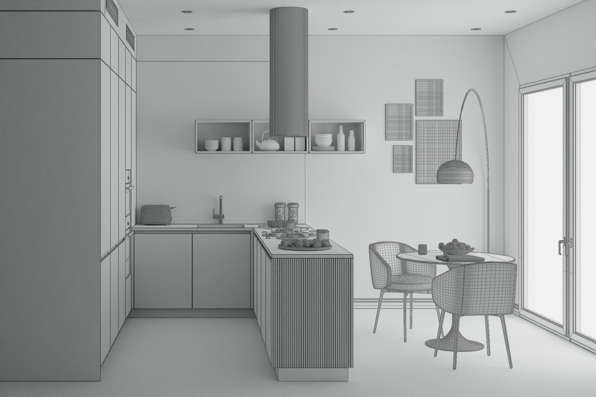 Modern Kitchen U-shape White and Timber 3D model_1