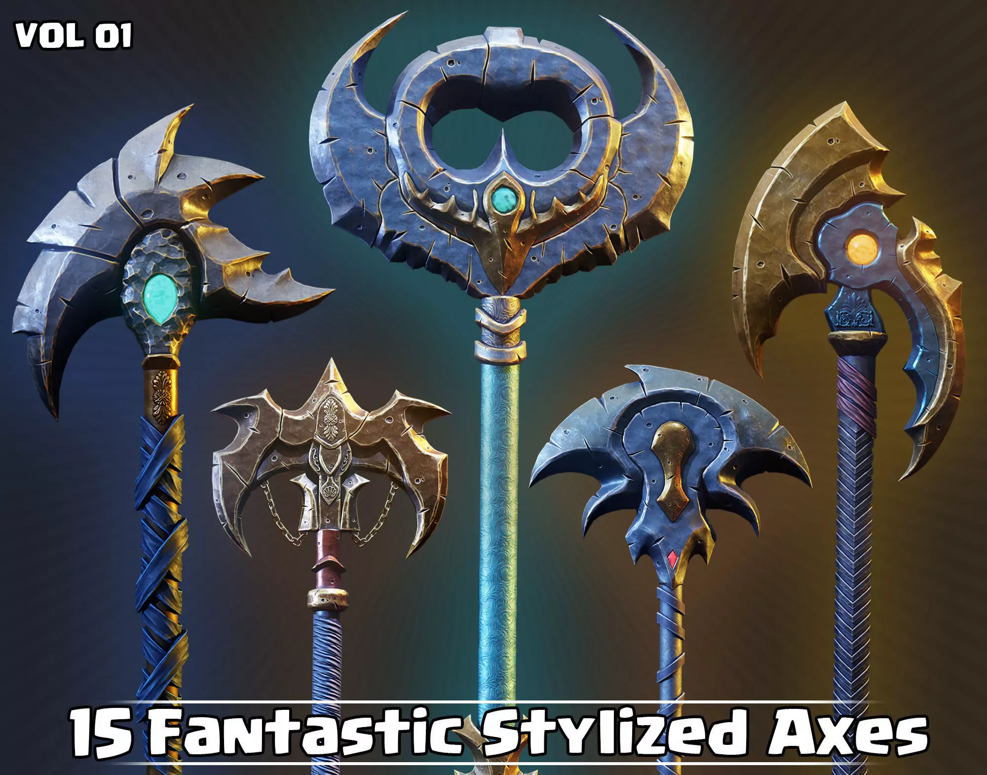 15 Fantastic Stylized Axes VOL01 Low-poly 3D model_0
