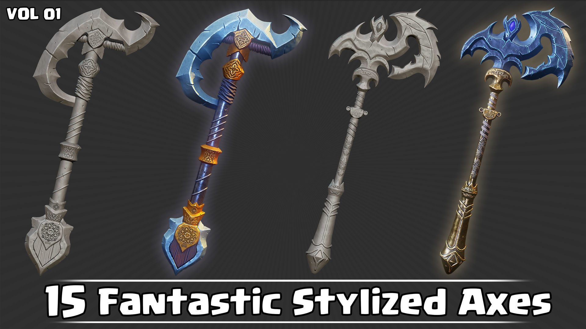 15 Fantastic Stylized Axes VOL01 Low-poly 3D model_2