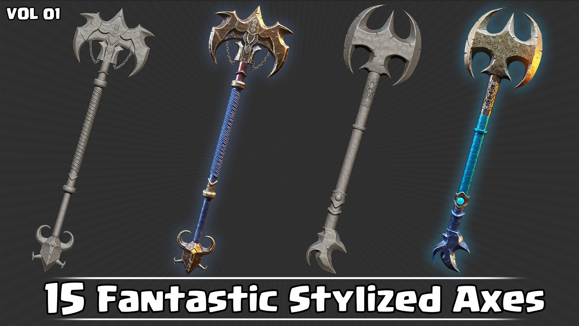 15 Fantastic Stylized Axes VOL01 Low-poly 3D model_4
