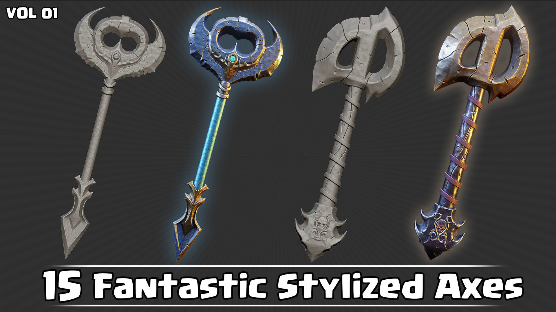 15 Fantastic Stylized Axes VOL01 Low-poly 3D model_6