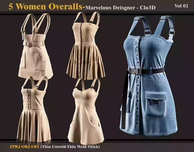5 Women Overalls-Marvelous Designer-Clo3D-FBX-OBJ