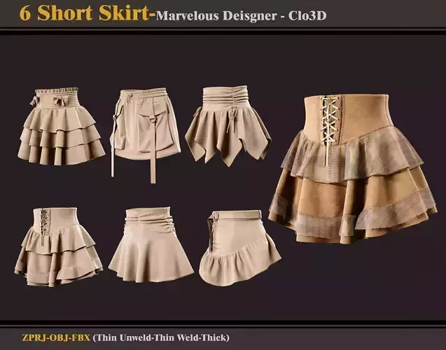 6 Short Skirts-Marvelous Designer-Clo3D -ZPRJ - FBX - OBJ