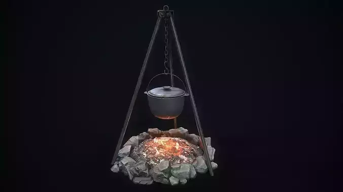 Camping bonfire bowler tripod Low-poly 3D model