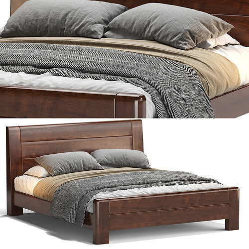 Scandinavian Bed Frame Solid Wood Espresso Bed with Headboard Low-poly 3D model