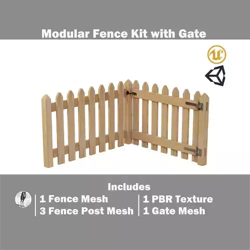Modular Fence Kit Pack - Colonial Gothic Picket Fence with Gate Low-poly 3D model